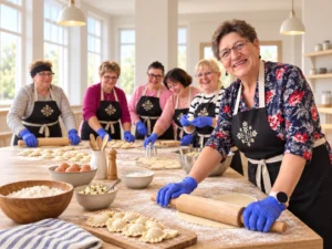 Kobiety wspólnie przygotowują pierogi podczas warsztatów kulinarnych